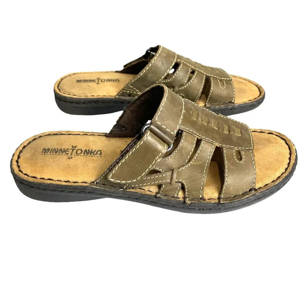 Minnetonka Slip On Leather ‎ Sandals Womens 7 Brown with Hook & Loop Closure